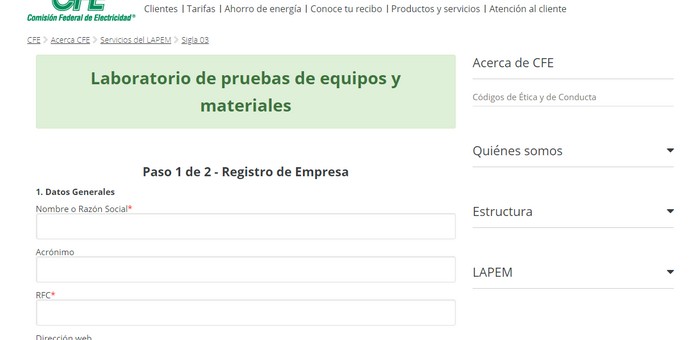 formulario registro CFE LAPEM